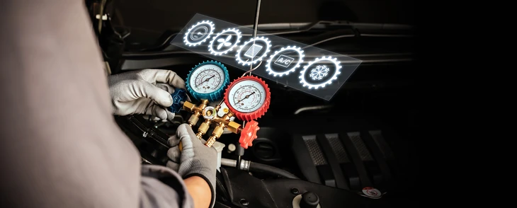 Le technicien mécanicien de voiture utilise un compteur pour vérifier le problème de chaleur du système de climatisation de la voiture et réparer la réparation et le remplissage du réfrigérateur d'air