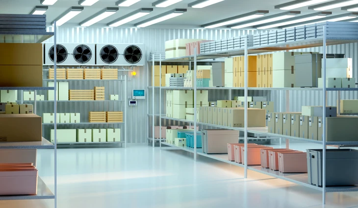 Entrepôt frigorifique moderne avec système de rayonnages métalliques multi-niveaux