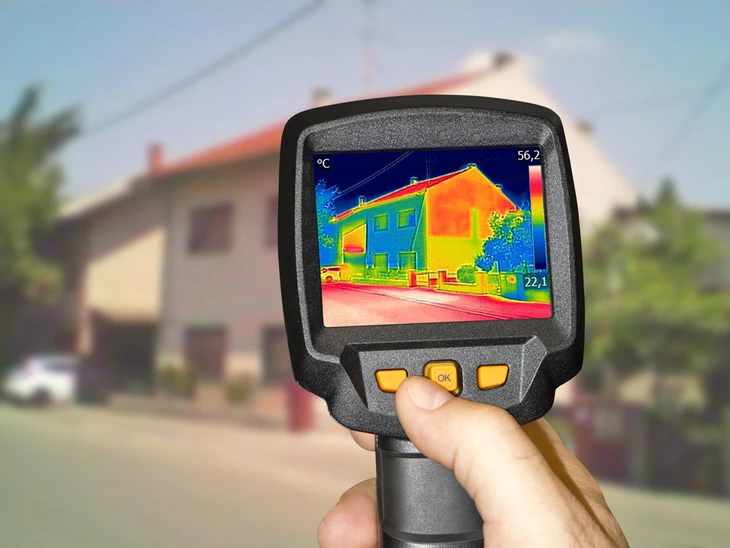Une personne utilise une caméra thermique pour analyser l'isolation d'une maison résidentielle