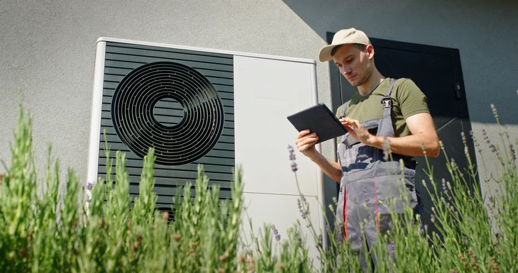 Technicien climatisation en salopette grise et casquette consulte tablette numérique devant unité extérieure pompe à chaleur