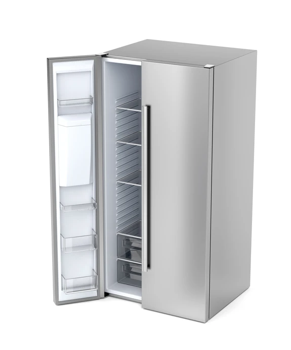 Réfrigérateur professionnel en acier inoxydable avec portes ouvertes révélant l'intérieur