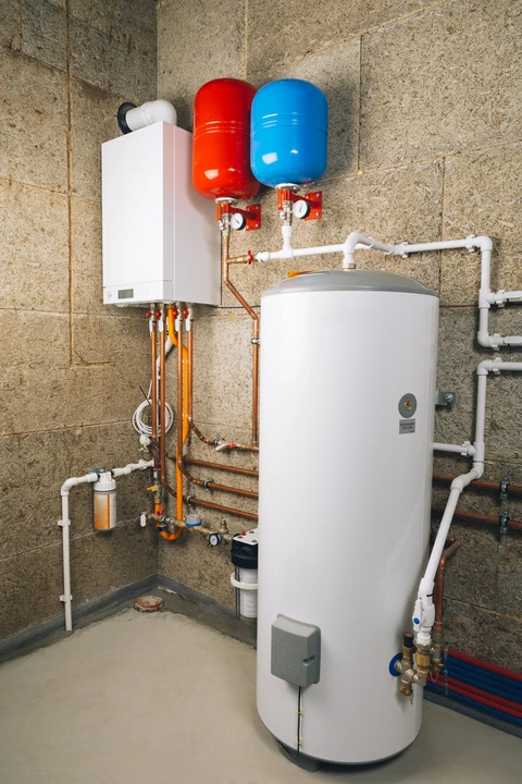 Sous-sol technique avec installation de chauffage moderne comprenant chaudière murale blanche, ballon d'eau chaude sanitaire vertical, vases d'expansion rouge et bleu montés au mur