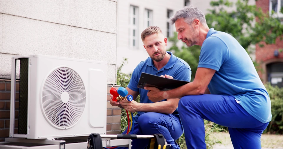 Homme en chemise grise et gants bleus effectuant la maintenance sur l'unité de climatisation dans l'environnement intérieur moderne pour une efficacité de refroidissement optimale et une amélioration de la qualité de l'air pur