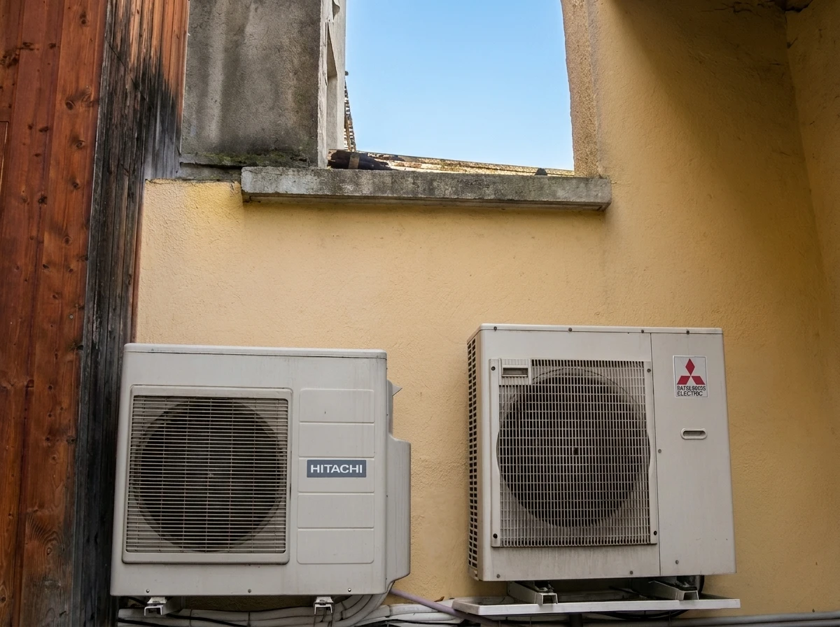 Deux pompes à chaleur à source d'air installées à l'extérieur d'une nouvelle maison de ville moderne, concept d'énergie verte renouvelable de pompe à chaleur