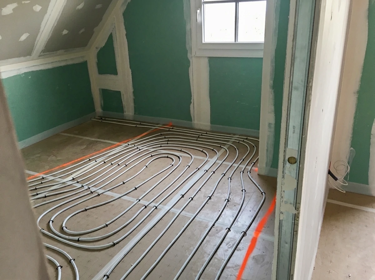 Chantier intérieur en cours, pièce à vivre avec escalier visible