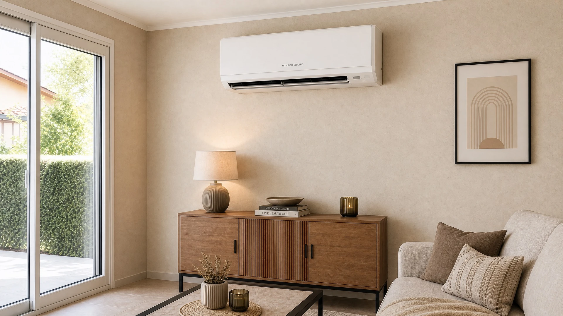 Façade extérieure en bois naturel d'une habitation avec climatiseur split monté sur support métallique