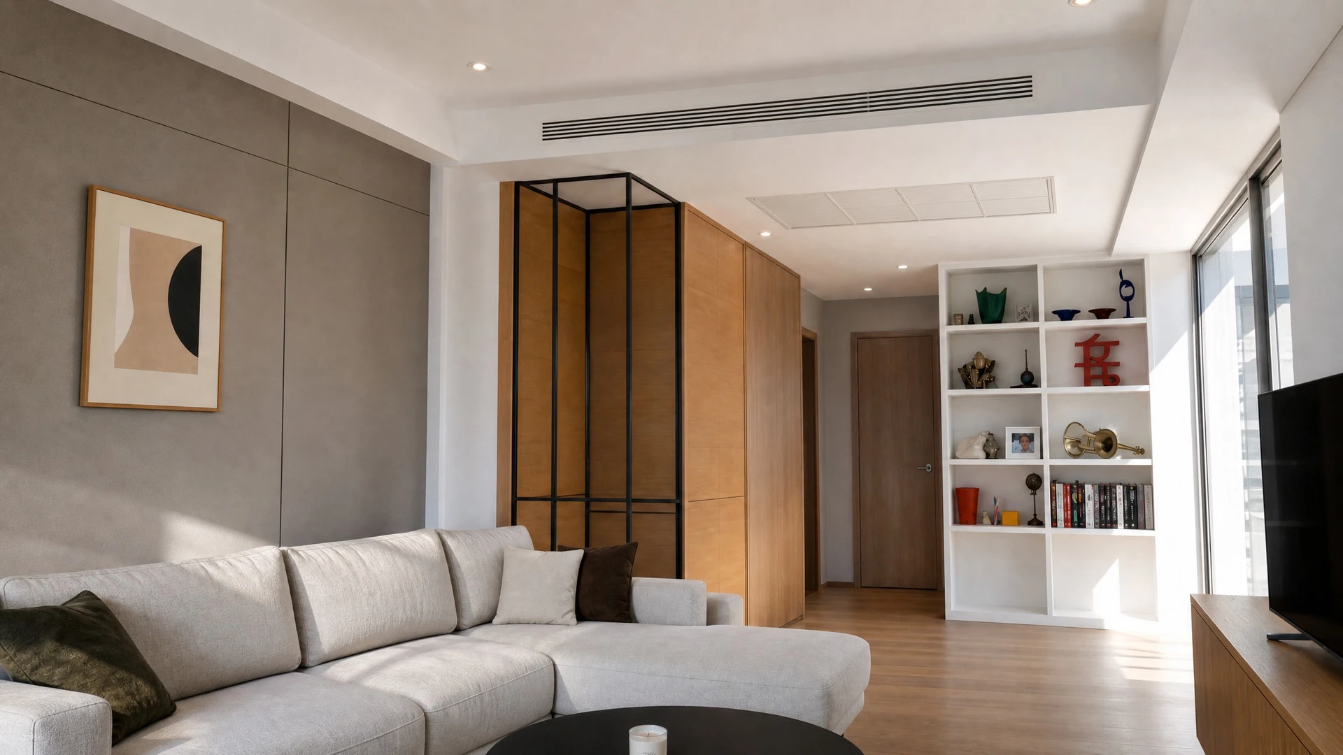Plafond intérieur blanc avec bouche de ventilation carrée installée