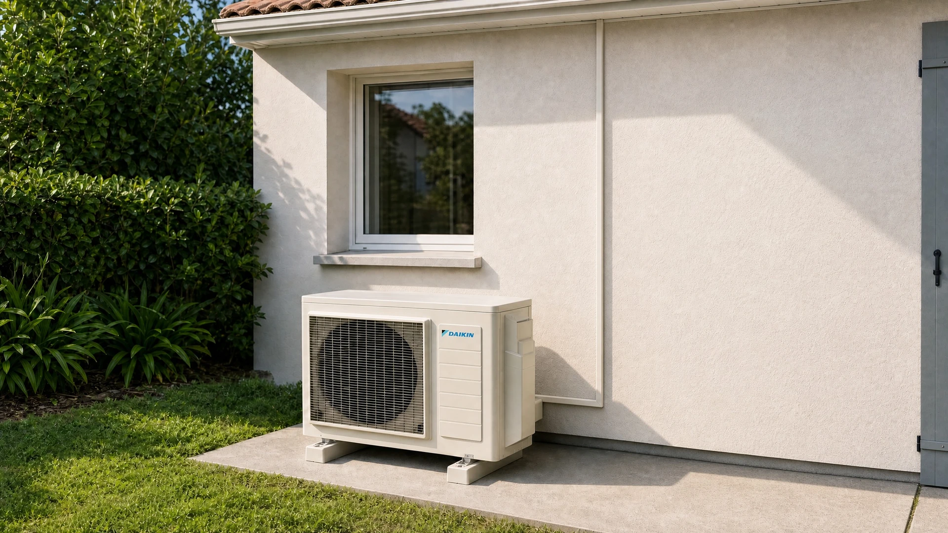 Extérieur d'une maison moderne avec pompe à chaleur air-eau installée sur socle béton