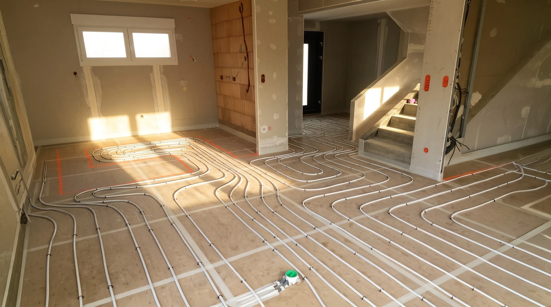 Photographie professionnelle montrant un technicien de Passion Clim en tenue de travail installant des tubes de chauffage au sol dans une pièce résidentielle. Le technicien est photographié en train de positionner les tubes de manière méthodique sur le substrat de préparation, mains et outils visibles, avec un fond de pièce bien éclairée en construction. L'image capture la précision, le professionnalisme et le savoir-faire technique, illustrant concrètement le processus d'installation du plancher chauffant.