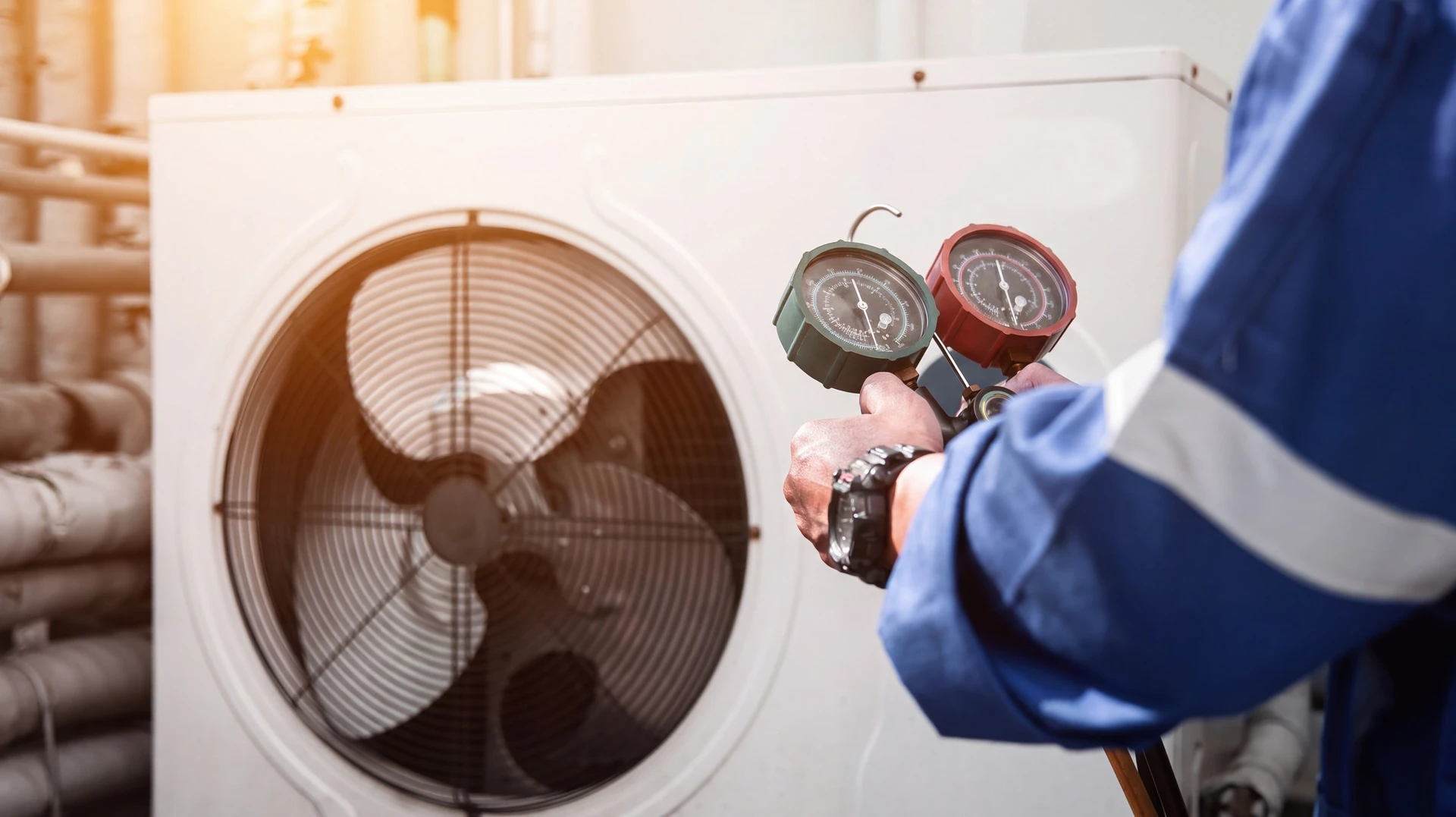 Technicien en combinaison de travail et gants blancs effectuant la maintenance d'une unité de climatisation intérieure