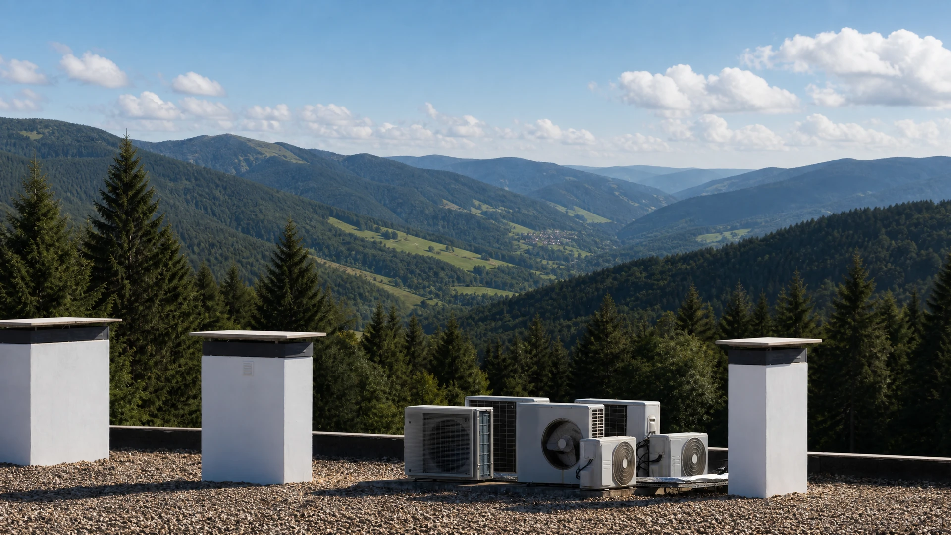 Technicien en climatisation travaillant sur une unité extérieure de pompe à chaleur installée sur terrasse résidentielle
